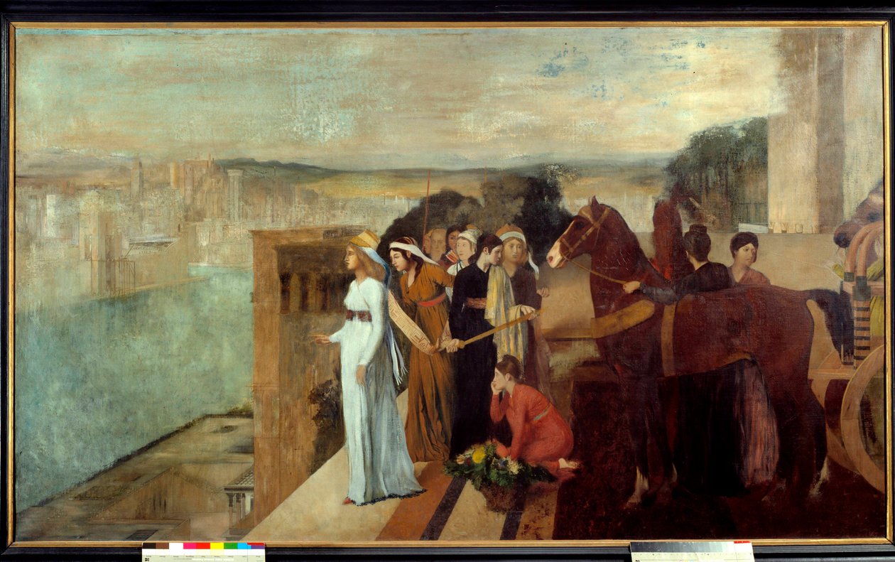 Semiramis bygger Babylon Semiramis (Semiramid), den legendariska drottningen av Assyrien och Babylonien, begrundar på Eufrats strand staden som kommer att bli ett av världens sju underverk. Målning av Edgar Degas (1834-1917) 1861 sön. 1,51x2,58 av Edgar Degas