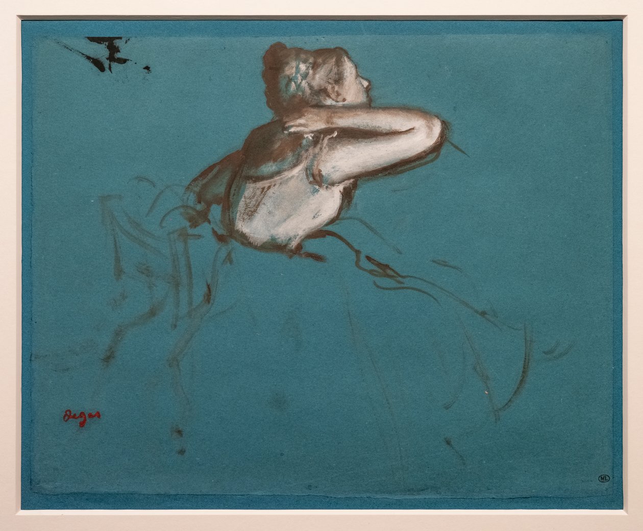 Sittande dansare vände åt höger (studie för sittande figur av "Repetition de ballet sur la scène"). 1873. Olja och färg har essens på papper av Edgar Degas