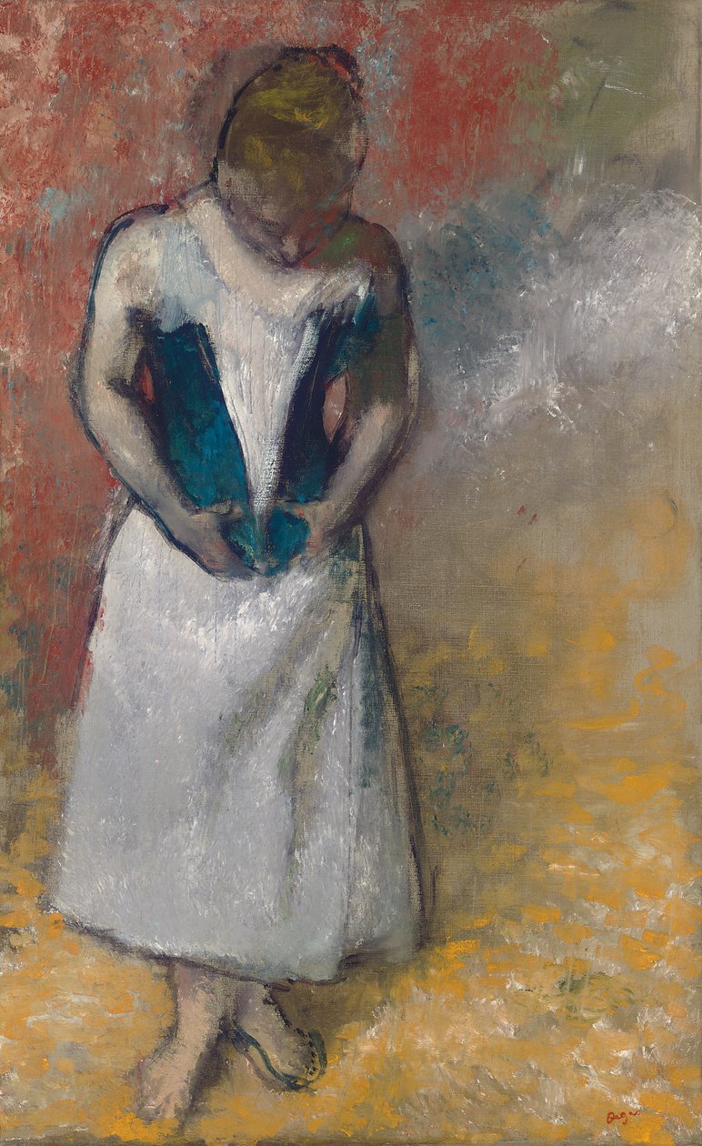 Stående kvinna sedd framifrån, som knäpper sin korsett; Femme debout et vue de face, agrafant son korsett av Edgar Degas