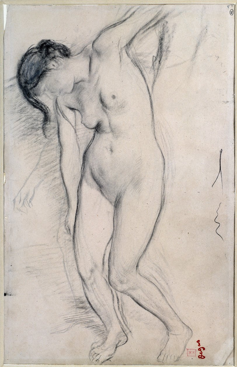 Studie av naken kvinna som står för "scene de guerre au middle age"". Teckning av Edgar Degas (1834-1917), cirka 1863-1865. Mått: 0,35 X 0,22 m. Paris, Musée d