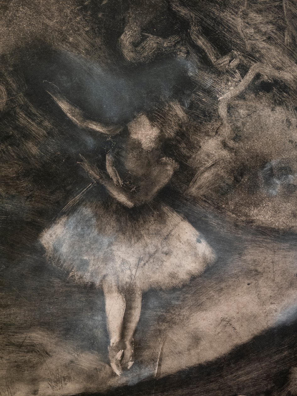 The Master of Ballet (detalj) (avrättad i samarbete med Ludovic Lepic). 1876. Monotypi i svart bläck med vita krita höjdpunkter av Edgar Degas