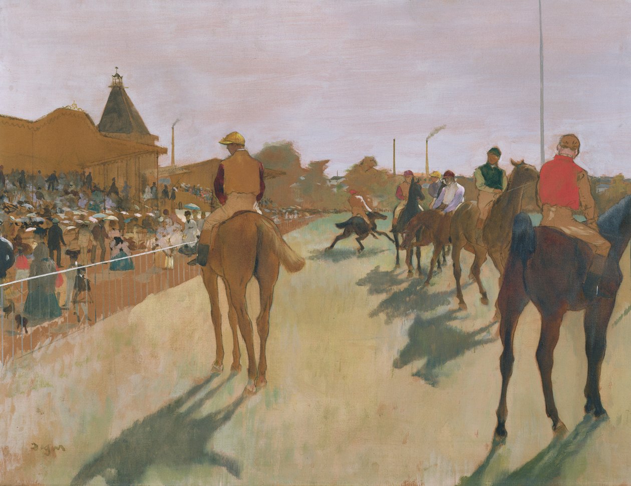 Paraden, eller kapplöpningshästarna framför läktaren, ca 1866-68 (olja på papper) av Edgar Degas
