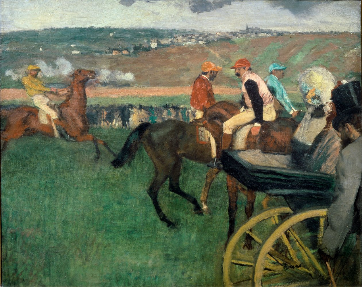 Race Course, amatörjockeys nära en vagn av Edgar Degas