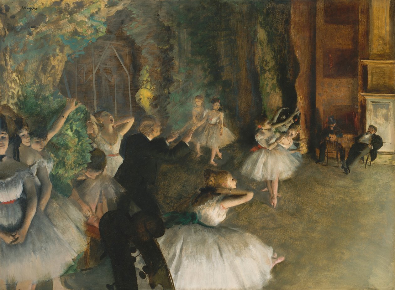 Repetitionen av baletten på scenen, ca. 1874. av Edgar Degas