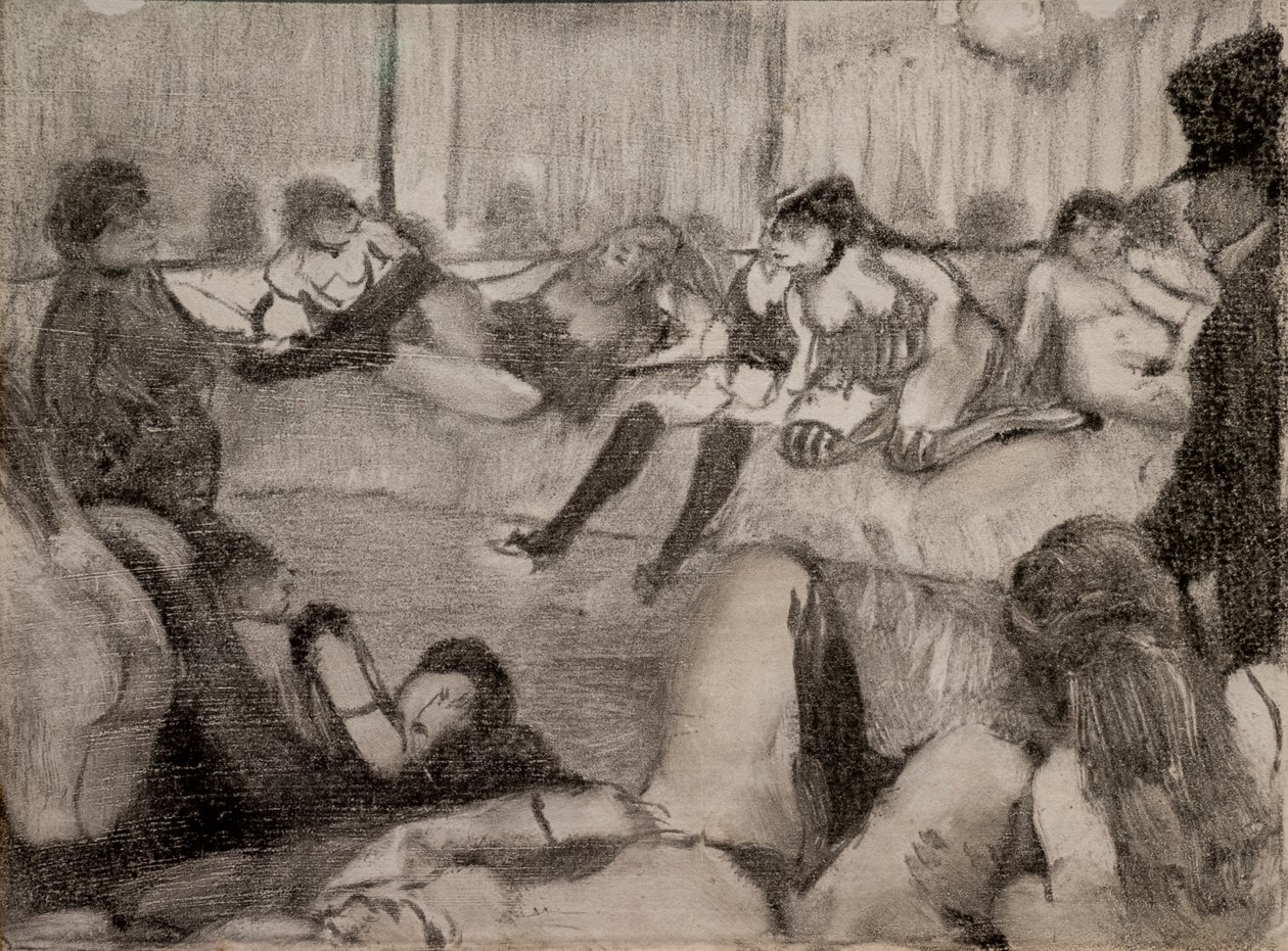 Salongen. 1879. Monotypi har svart bläck, pastellfärger. av Edgar Degas