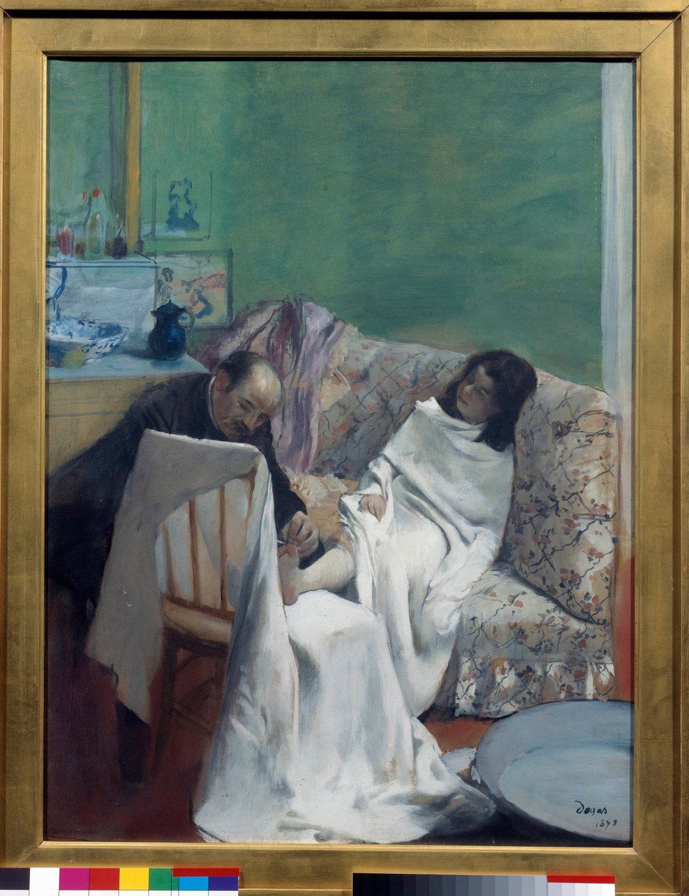 Pedikyren En läkare undersöker en ung kvinnas fötter. Målning av Edgar Degas (1834-1917). 1873. Dim 0,61 x 0,46 m. Paris, Musée d