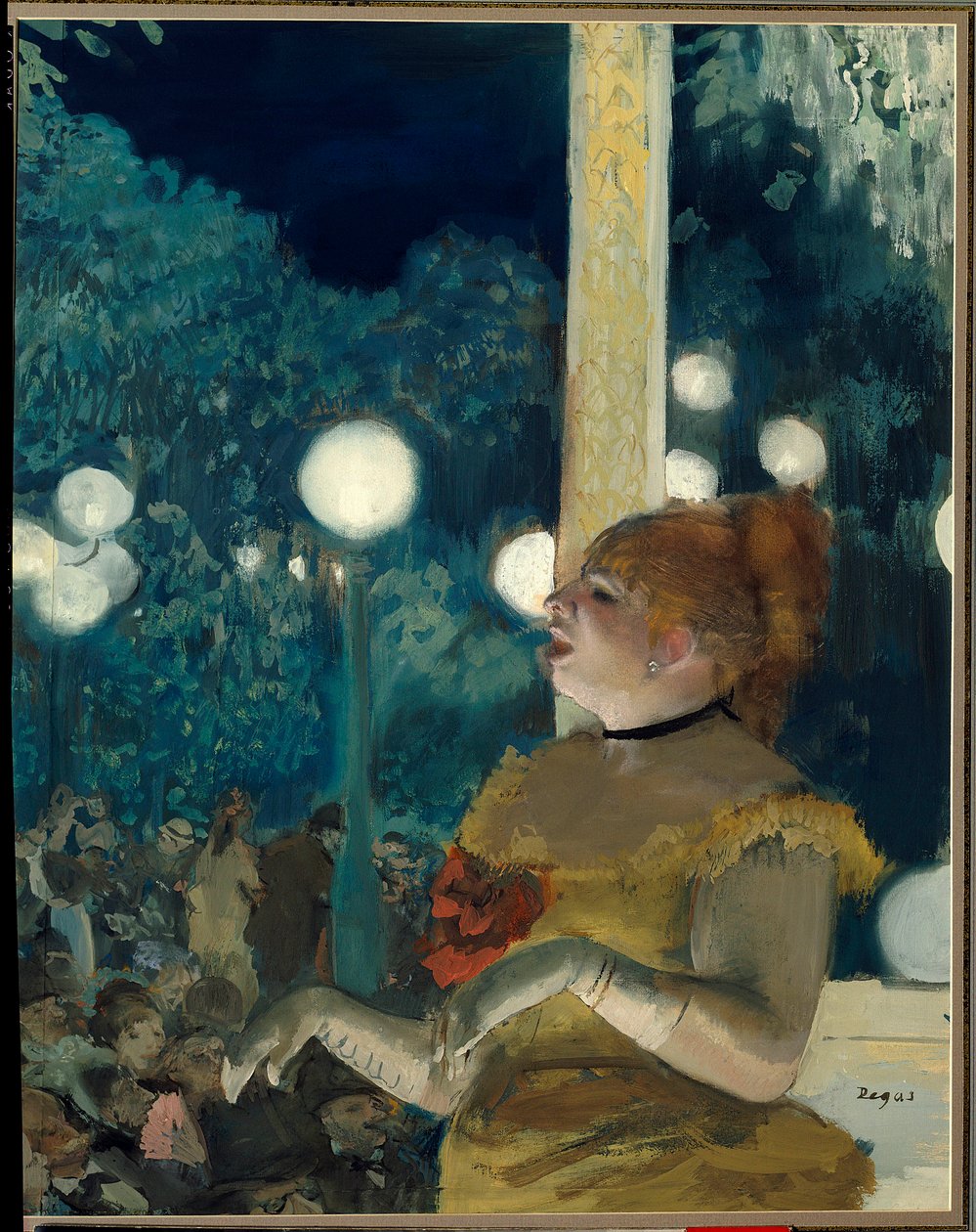 Hundens sång (Emma Valladon heter Theresa (1837-1913) på kafékonserten) Målning av Edgar Degas (1834-1917), gouache och pastell, 57,5 cm x 45 cm av Edgar Degas