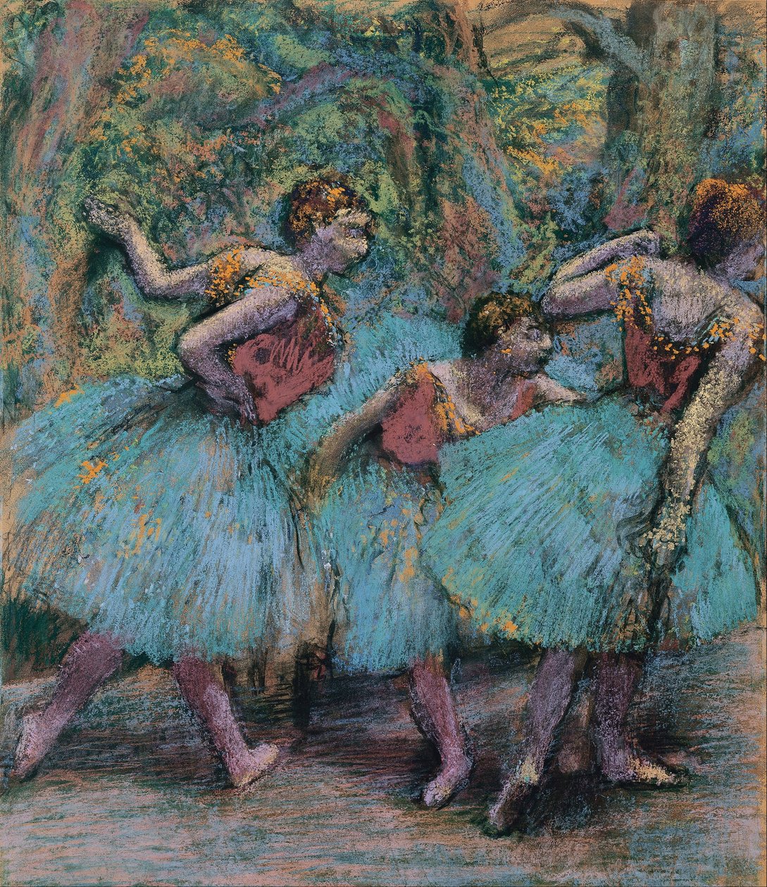 Tre dansare (blå tutuer, röda överdelar) av Edgar Degas