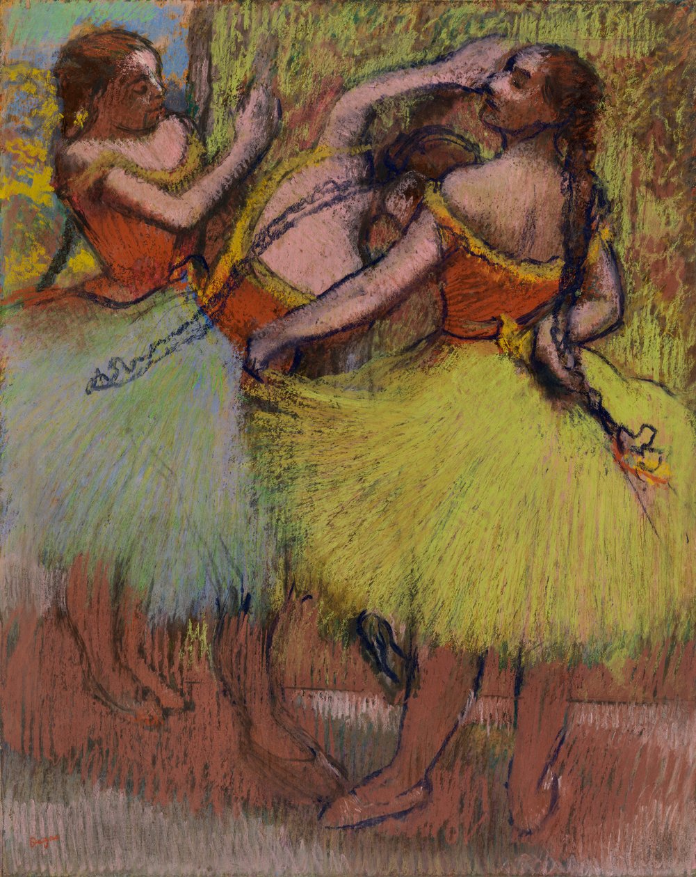 Tre dansare med hår i flätor av Edgar Degas