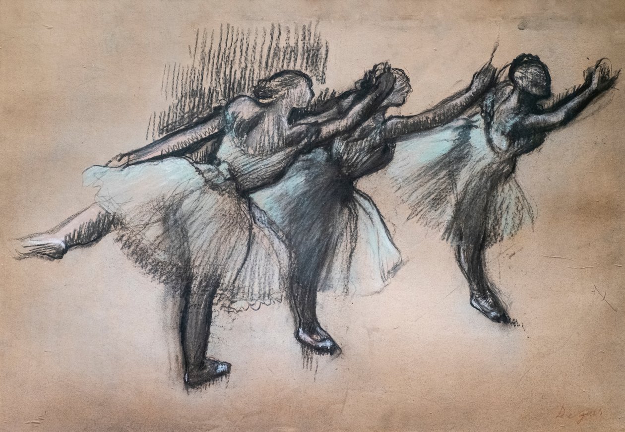 Tre dansare. 1895-1900. Kol och pastell på kalkerpapper. av Edgar Degas