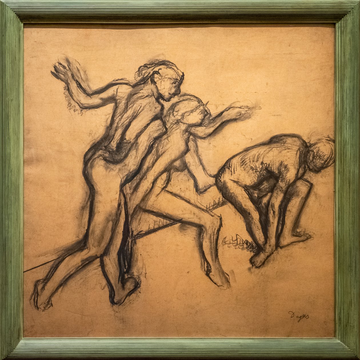 Tre nakna dansare. 1895-1900. Träkol på kalkerpapper. av Edgar Degas