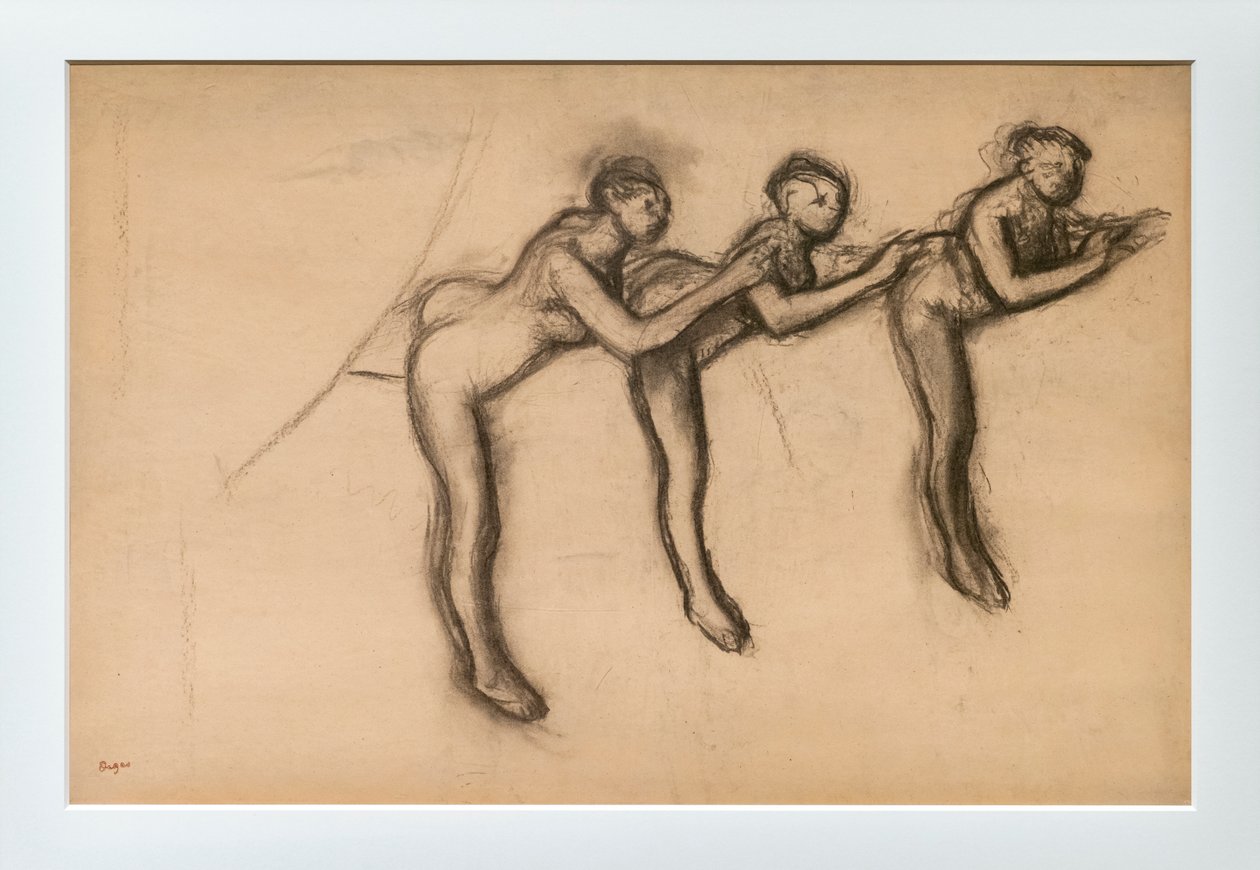 Tre nakna dansare i arabesque. Omkring 1892-1895. Kol på papper limmar på kartong. av Edgar Degas