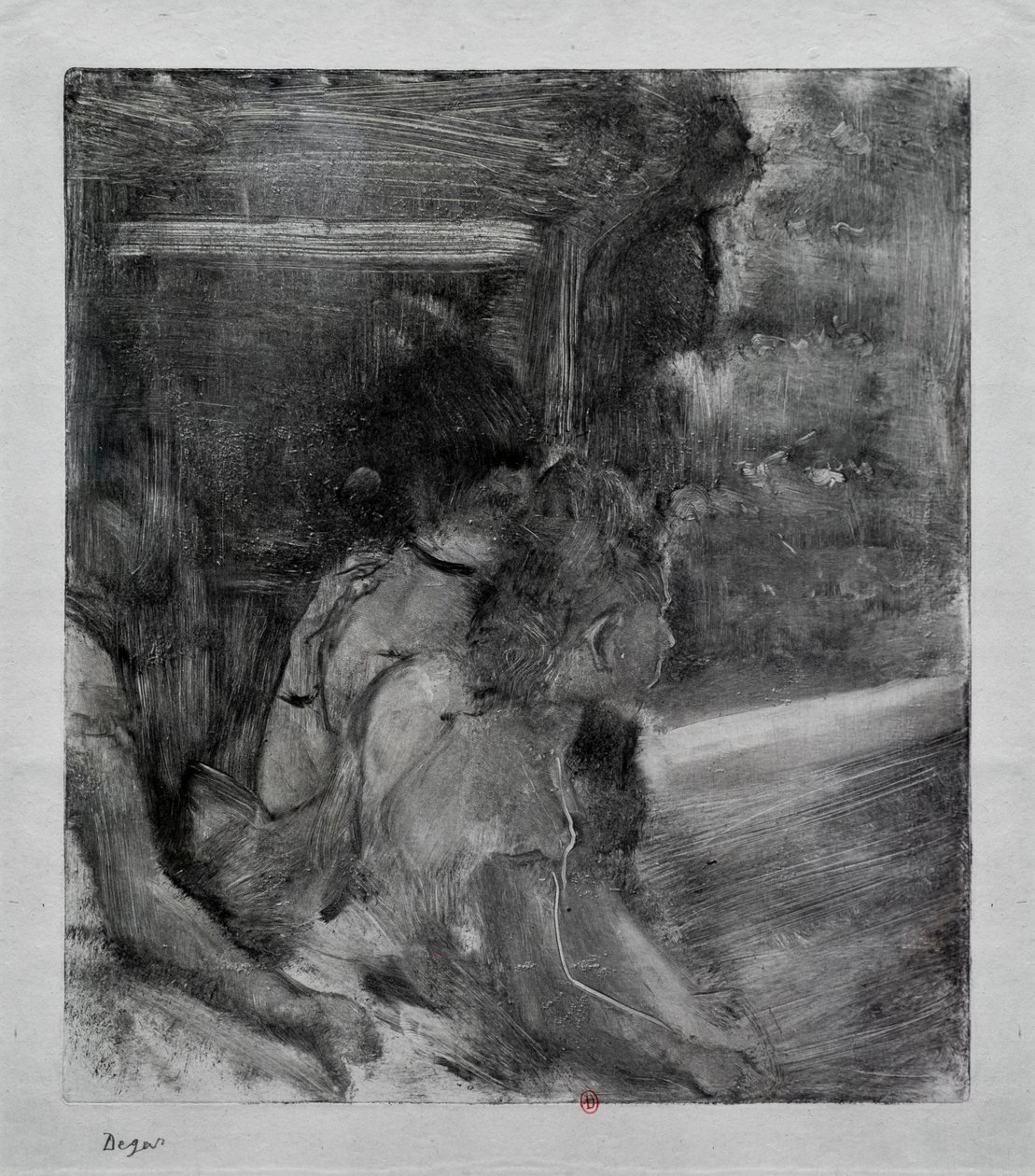 Till teatern. Omkring 1878. Monotypi har svart bläck från Kina. av Edgar Degas