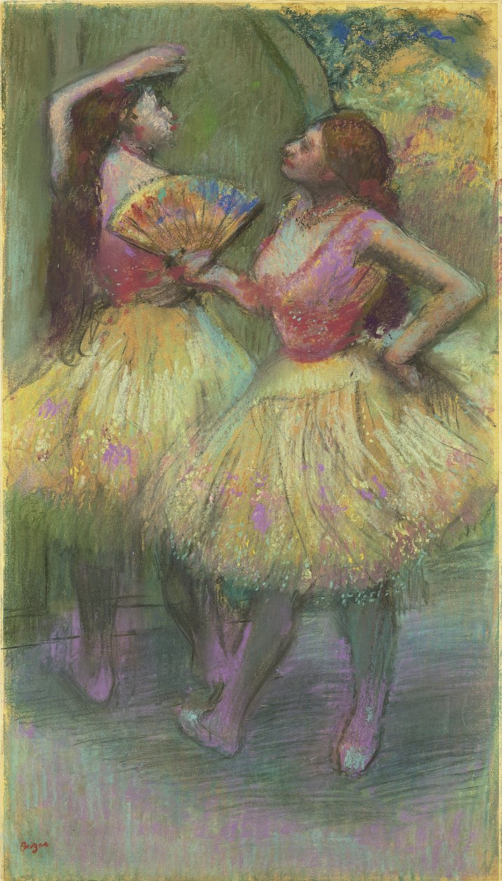 Två dansare innan de går på scenen; Avant l"entree en scene, 1888 av Edgar Degas