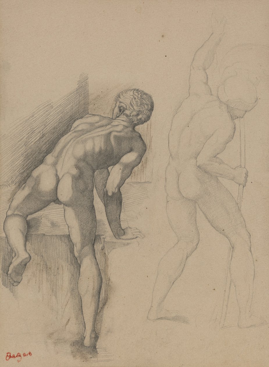 Två nakna män, 1856-57 (grafitpenna på mörkt krämpapper) av Edgar Degas