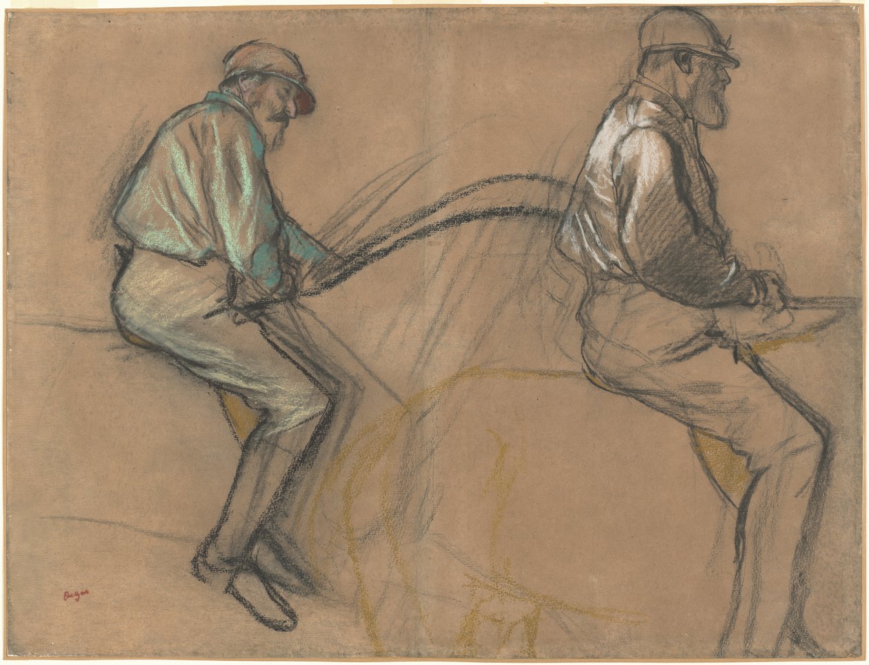 Two Studies of a Jockey, c.1884 (krita, kol och pastell på brunt papper) av Edgar Degas