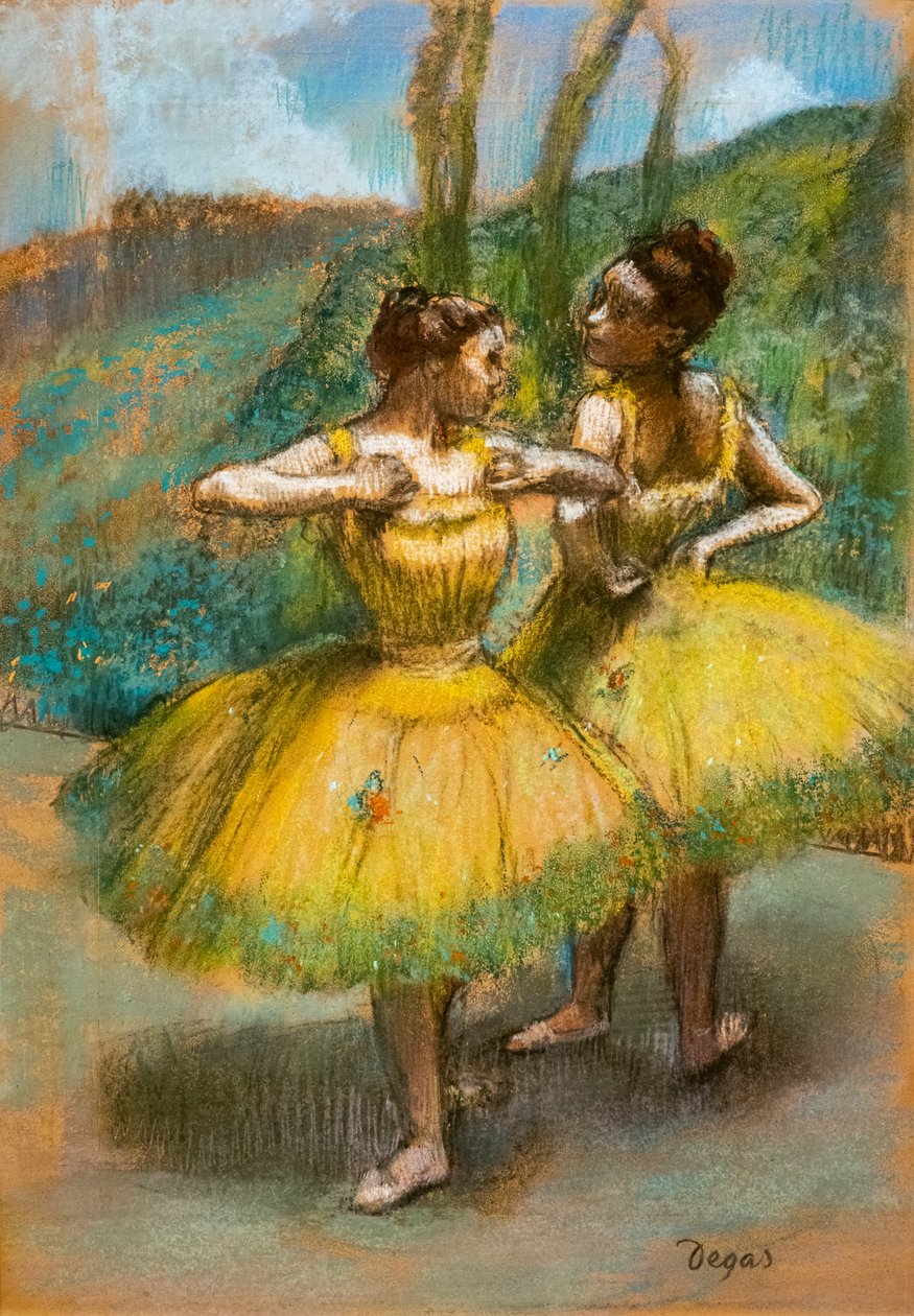 Två dansare i gult. Omkring 1896. Pastell och kol på två pappersremsor. av Edgar Degas