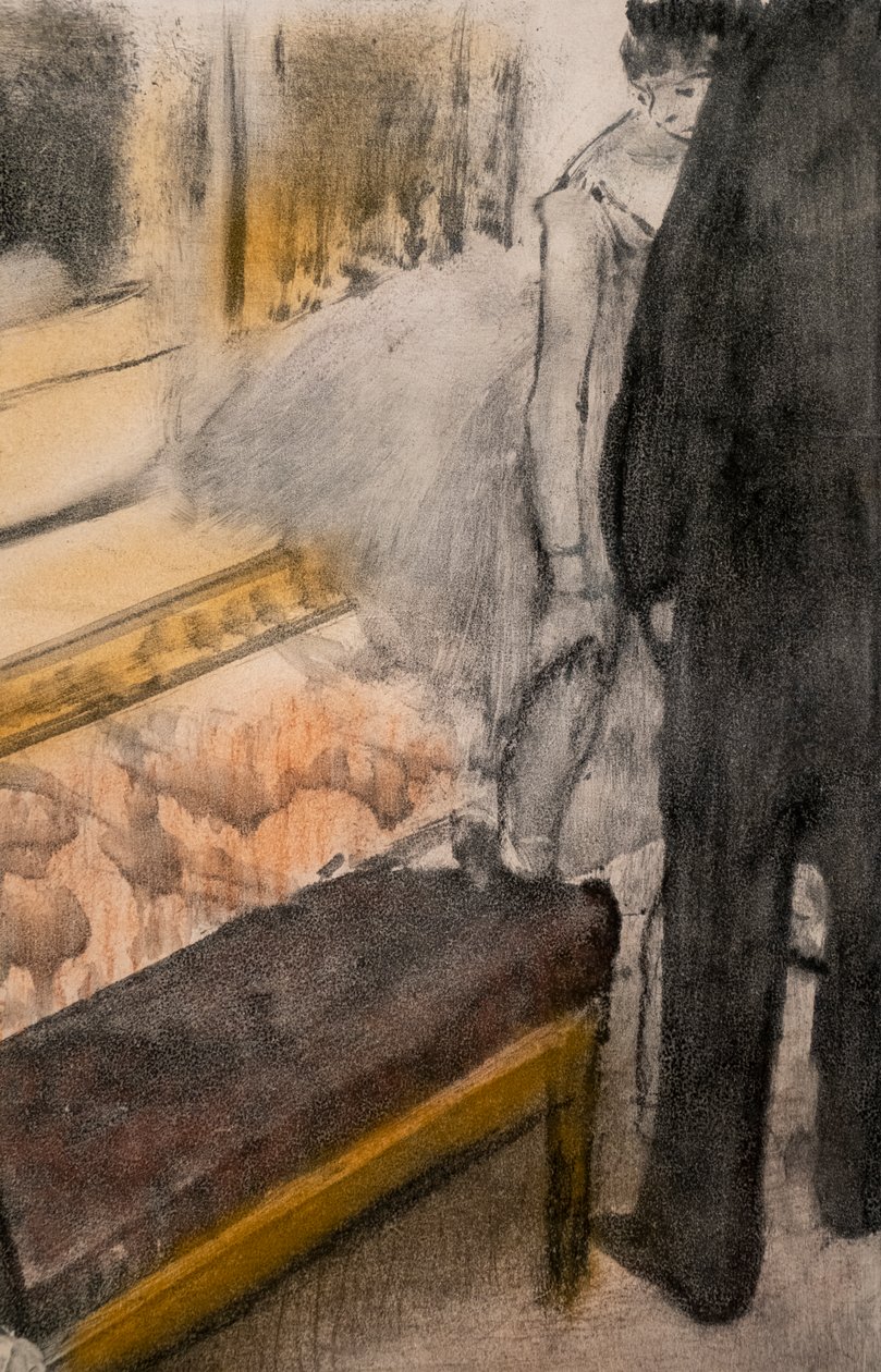 Två män och två dansare (detalj). Omkring 1876-1877. Pastell på monotypi. av Edgar Degas
