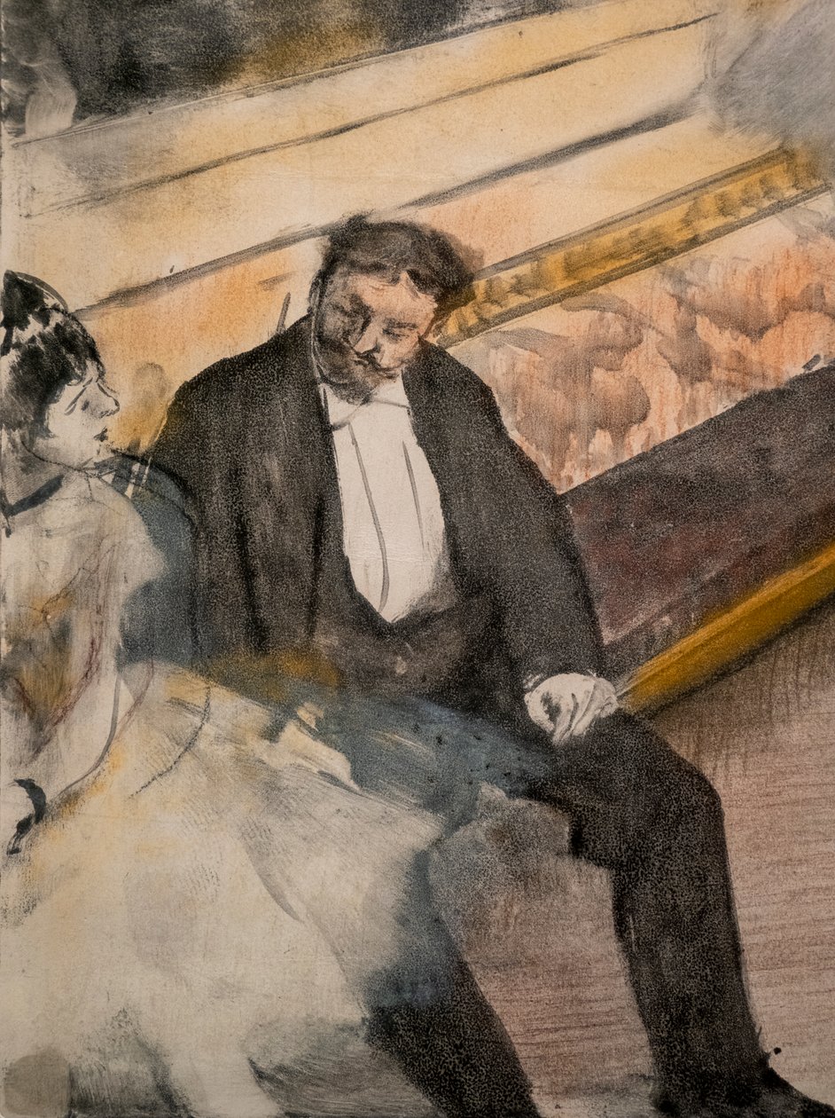 Två män och två dansare (detalj). Omkring 1876-1877. Pastell på monotypi. av Edgar Degas