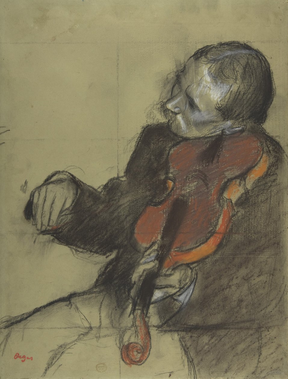Violinist, Study for The Dance Lesson, 1878-79 (pastell och kol på grönt vävt papper) av Edgar Degas