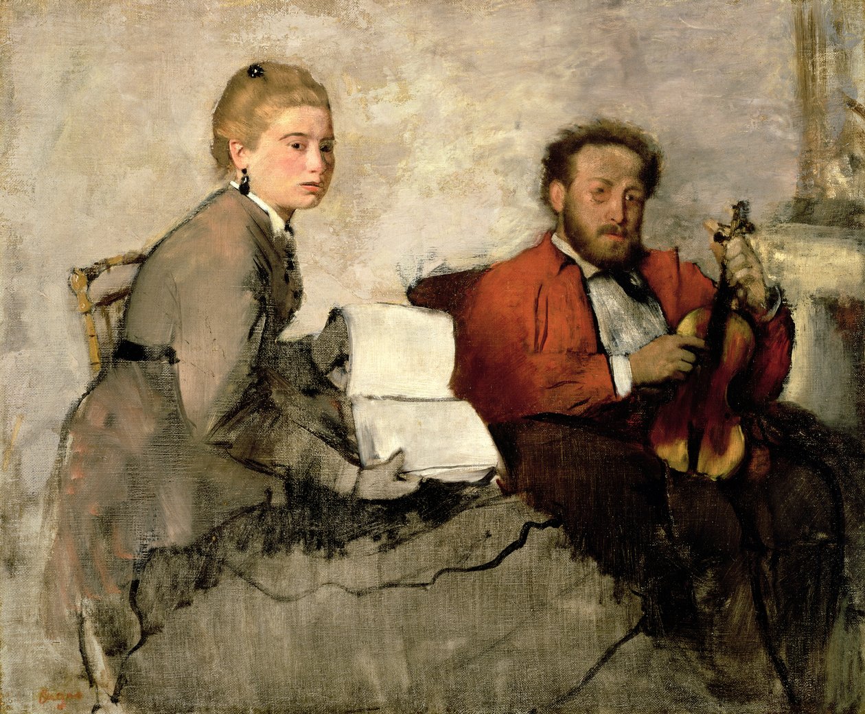 Violinist och ung kvinna, ca 1871 (olja och krita på duk) av Edgar Degas