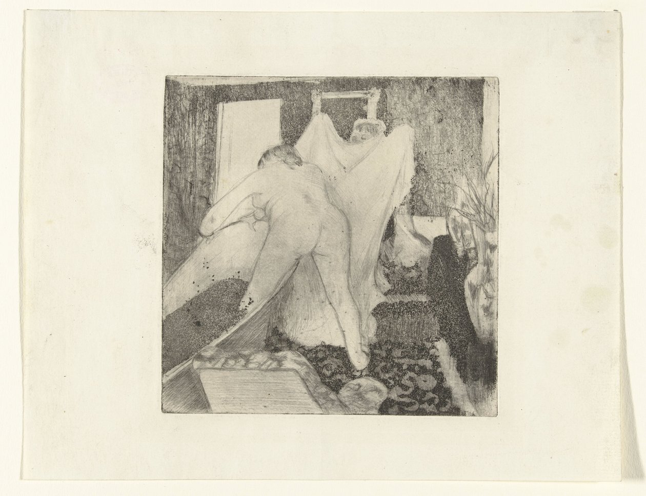 Kvinnan kliver ur badet och får handduken av kvinnan La Sortie du Bain av Edgar Degas