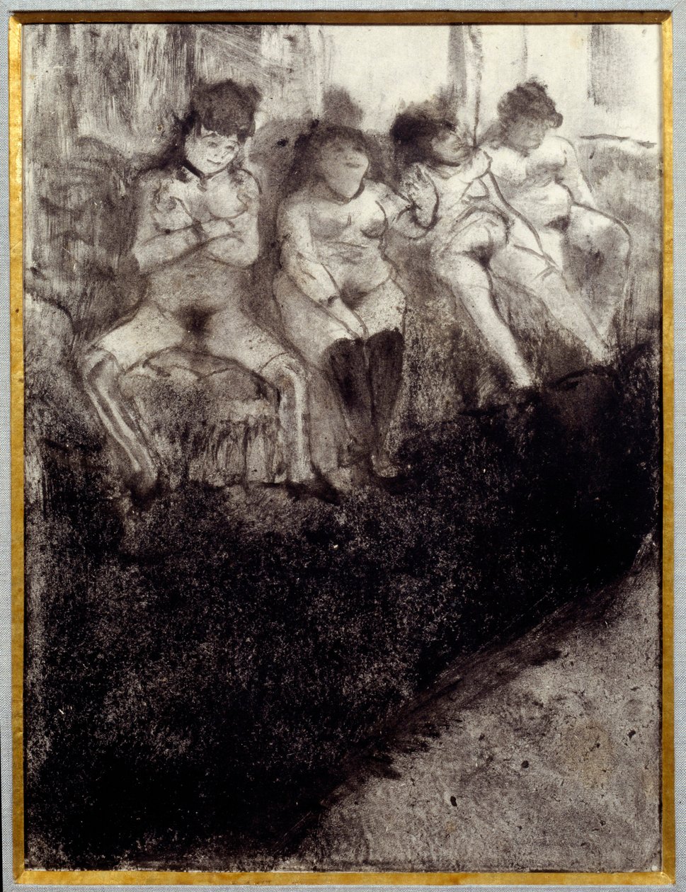 Väntar på andra versionen. Det finns prostituerade och väntar på kunder på en bordell. Målning av Edgar Degas av Edgar Degas