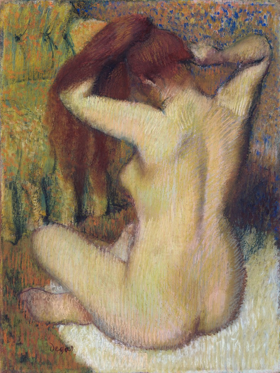 Woman Combing Her Hair, ca 1888-90 (pastell på ljusgrönt vävt papper fäst på fästet) av Edgar Degas