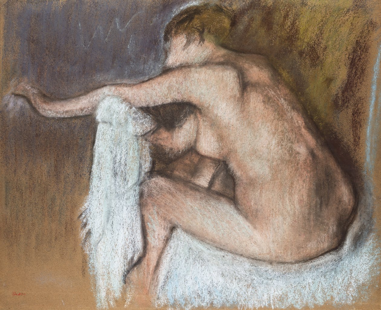 Kvinna som torkar sin arm, ca 1884 (pastellfärgad på gulfärgat papper) av Edgar Degas
