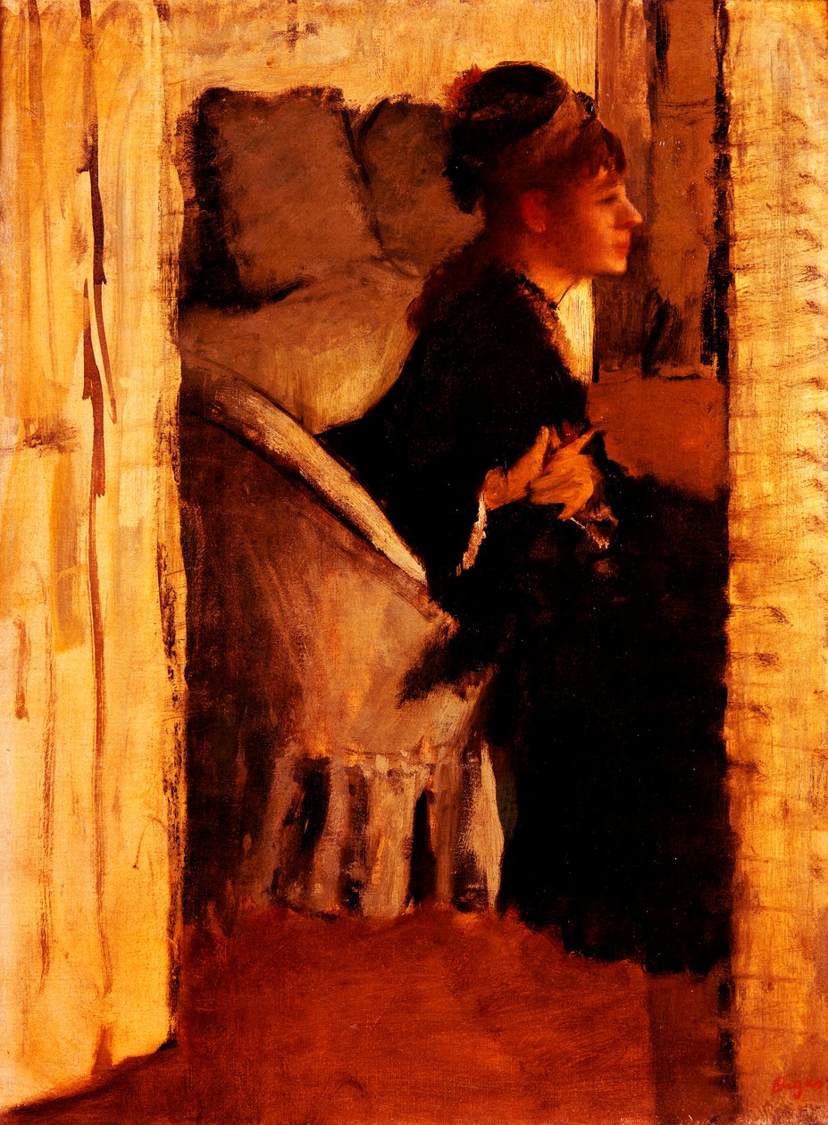 Kvinna som tar på sig sina handskar (olja på duk) av Edgar Degas
