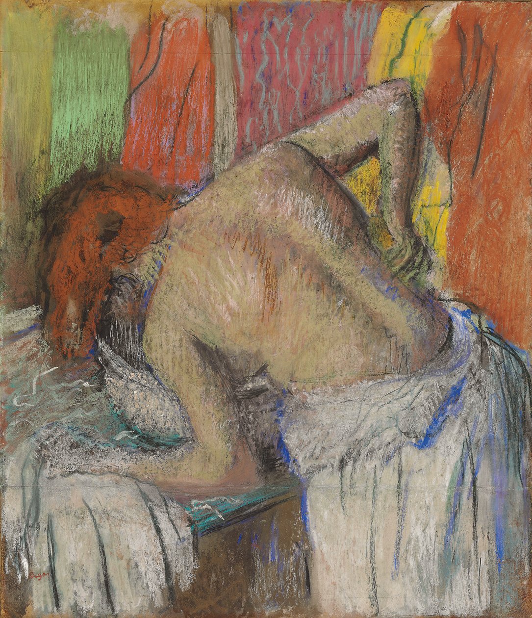 Kvinna som tvättar henne tillbaka; Femme s"epongeant le dos, c.1895 av Edgar Degas