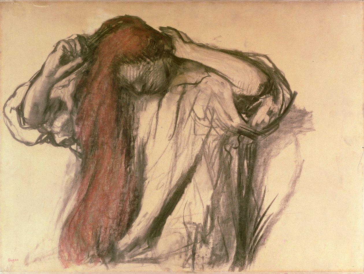 Kvinna som kammar håret (kol och pastell) av Edgar Degas