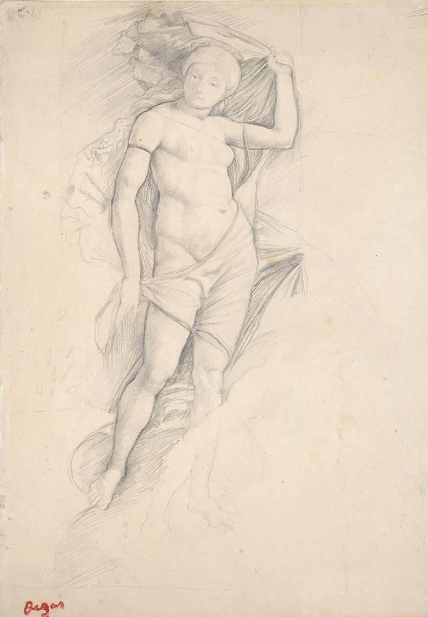 Kvinna, delvis draperad, med en liten studie av en kentaur, nedre höger, sent 1800-tal av Edgar Degas