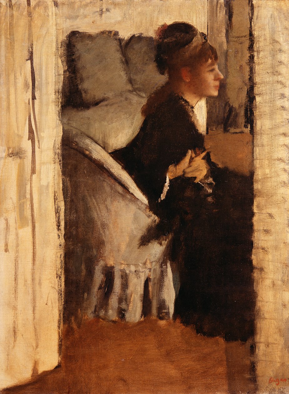 Kvinna som tar på sig handskar av Edgar Degas