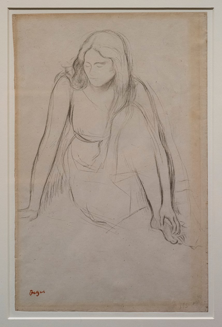 Kvinna som sitter vid vattenbrynet. Omkring 1867-1868. Svart penna på velinpapper. av Edgar Degas