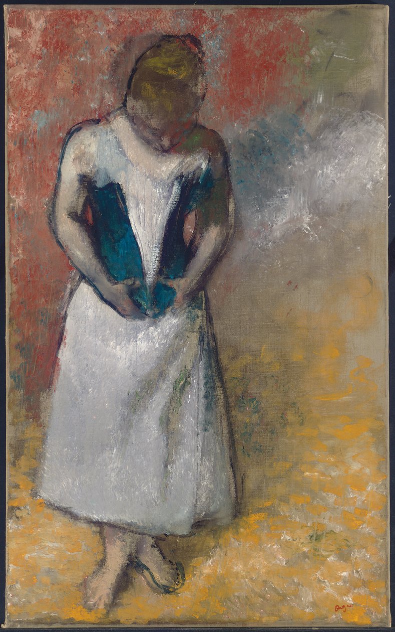 Kvinna som står framifrån och spänner sin korsett, 1883 av Edgar Degas