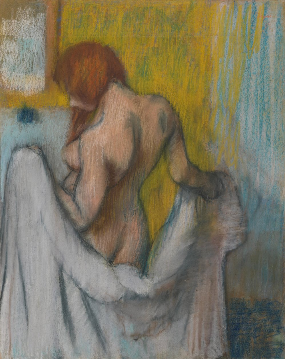 Kvinna med handduk, 1894 eller 1898 (pastell på krämfärgat vävt papper med röda och blåa fibrer) av Edgar Degas