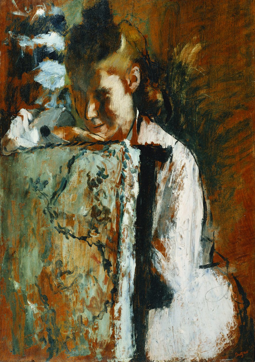 Ung flicka som sitter lutad mot baksidan av en stol; Ung flicka sitter lutad på baksidan av en fåtölj, c.1889 av Edgar Degas