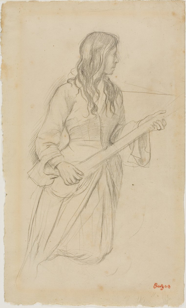 Ung kvinna spelar mandolin, studie för porträtt av Mlle Fiocre i baletten "La Source" av Edgar Degas