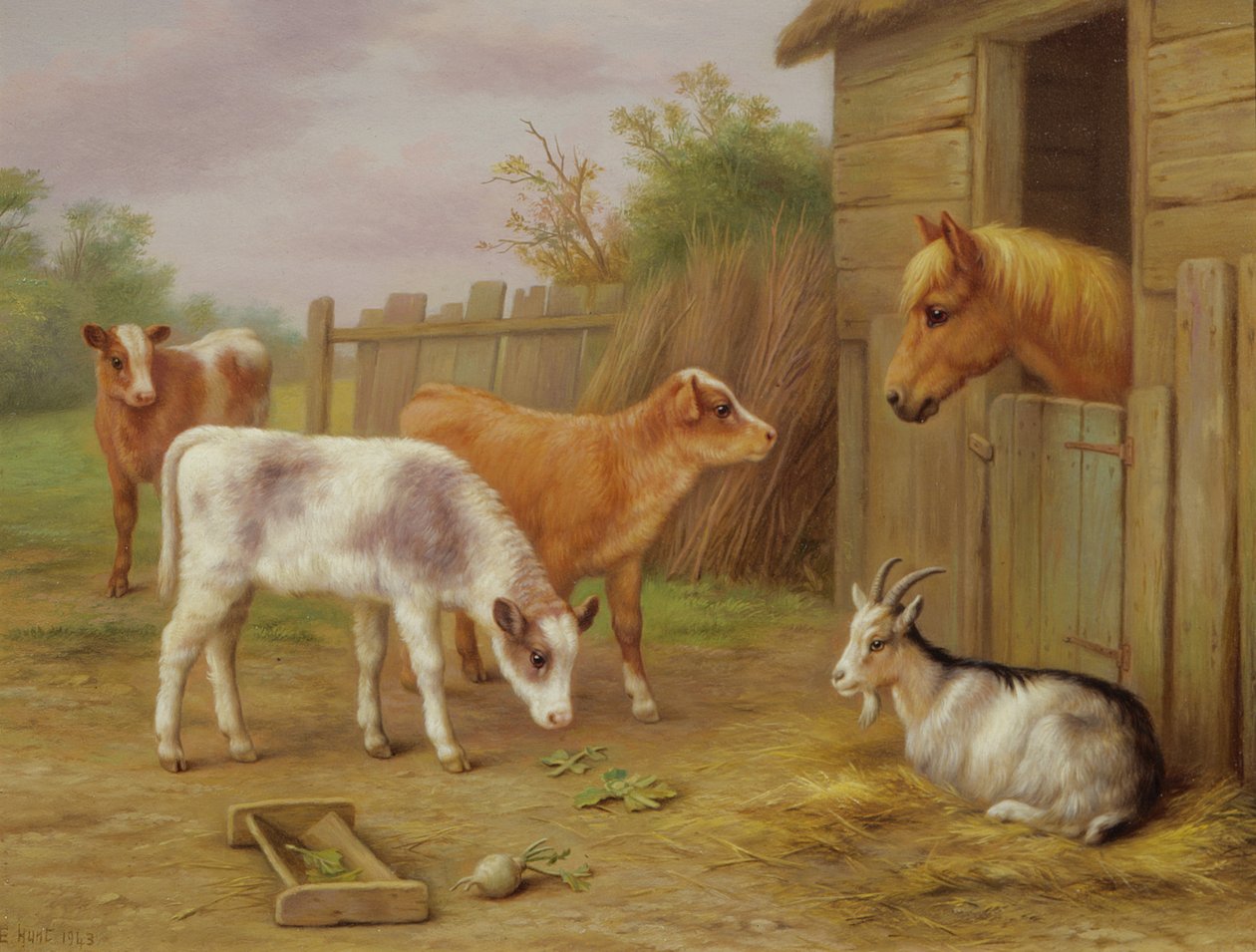Farmyard Scene (olja på pannå) av Edgar Hunt