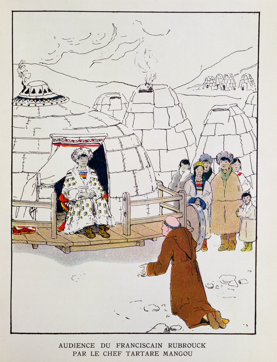 William Rubruck (ca 1200-ca 1256) inför tartarhövdingen Mangu år 1251, ur "A la Conquete du Monde Paien" av Georges Goyau (1869-1939) 1933 (färglitografi) av Edgar Maxence