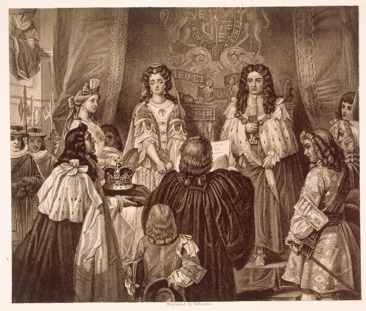 Kronan erbjöds William och Mary av Lords and Commons i Whitehall den 12 februari av Edgar Melville (after) Ward