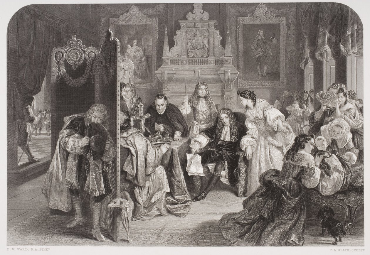 James II (1633-1701) tar emot nyheter om prinsen av Oranges landstigning, graverad av F.A. Heath av Edgar Melville Ward
