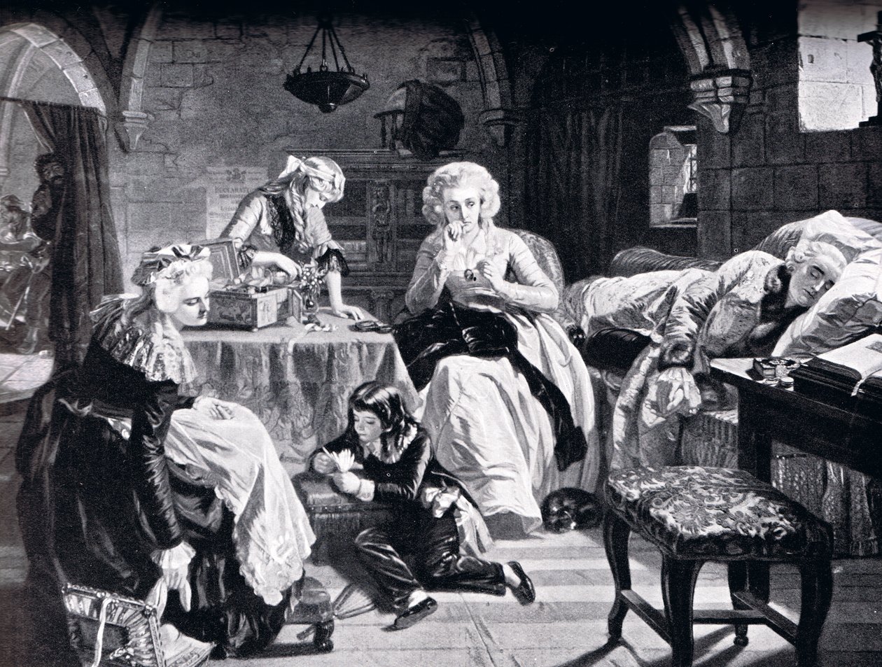 Ludvig XVI och hans familj i slottet Chateau du Temple, från "History of Nations". av Edgar Melville Ward