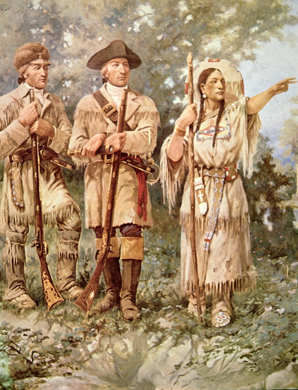 Lewis och Clark med Sacagawea (färg litho) (detalj) av Edgar Samuel Paxson