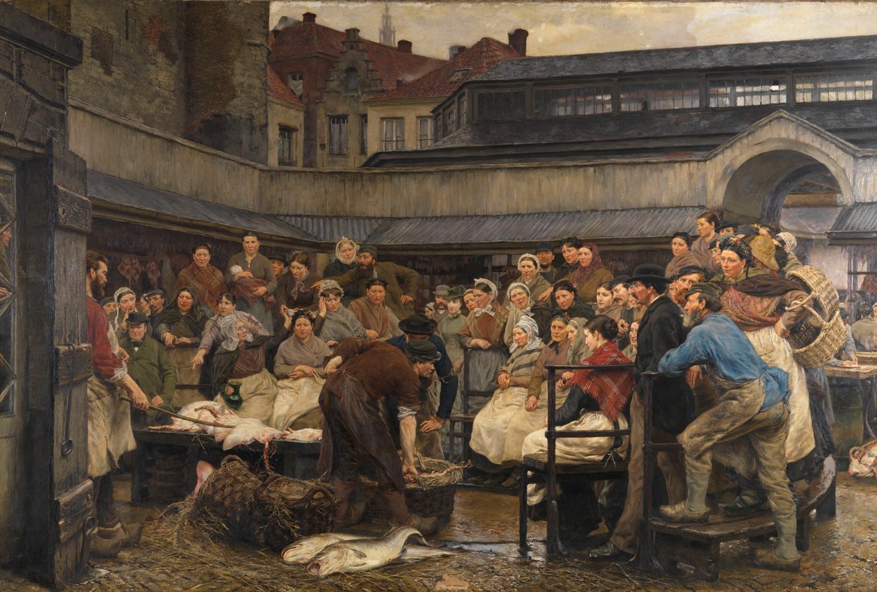 Den gamla fiskmarknaden i Antwerpen 1882 (olja på duk) av Edgard Farasyn