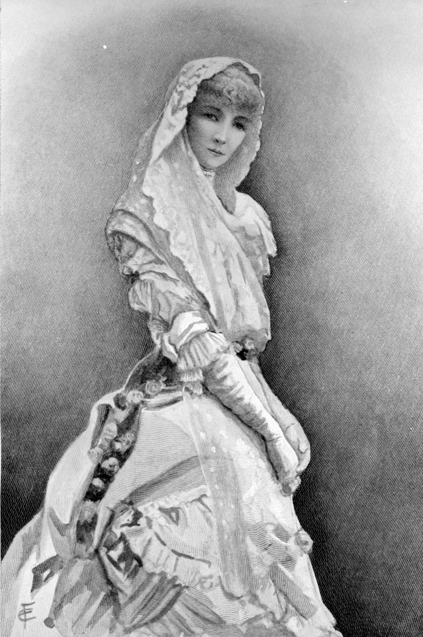 Sarah Bernhardt som Marguerite Gautier i La Dame aux Camelias av Alexandre Dumas Fils i den första produktionen i USA, ca. 1880 av Edith Fithian