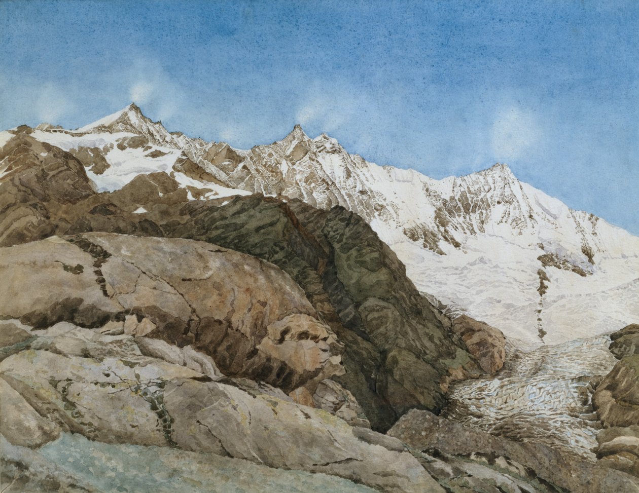 The Mischabe Horner fra Saas-Fee, Valais, Schweiz (wc med gouache på papir) sverige av Edith A. Paine