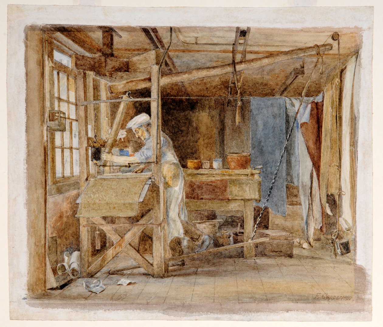 Block Printing at Jeffrey and Co., Liverpool Road, Islington, London, ca 1880 (akvarell på papper) av Edith Capper