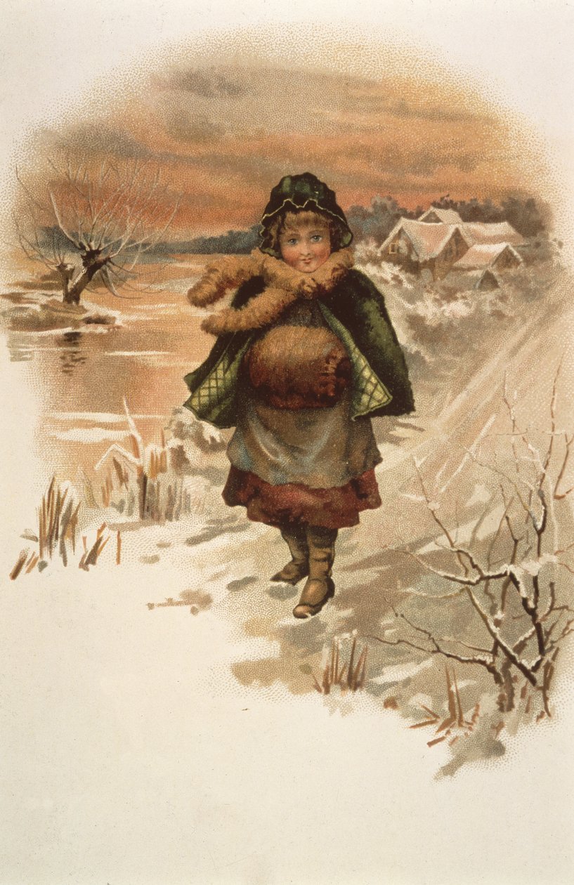 Flicka på en snöig väg, illustration från Where Lilies Live, 1889 av Edith S. Berkeley